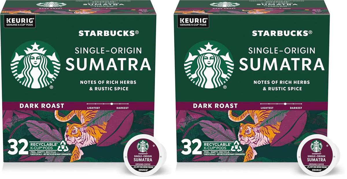 Starbucks K-Cup coffee pods, dark roast Sumatra flavor, 96 pods for Keurig brewers, 100% Arabica, four boxes.