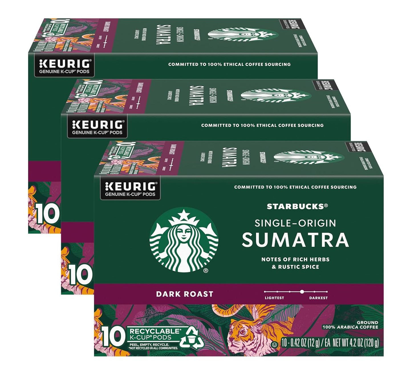 Starbucks K-Cup dark roast Sumatra coffee pods for Keurig brewers, 96 pods in 4 boxes, 100% Arabica coffee.