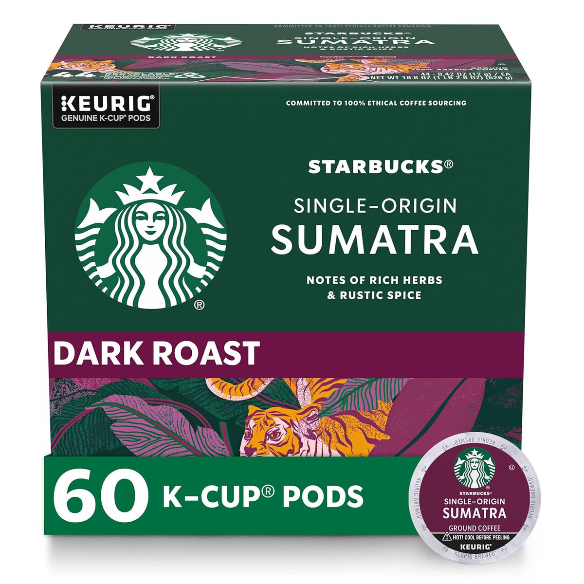 Starbucks K-Cup dark roast coffee pods, Sumatra flavor, for Keurig brewers, 6 boxes with 60 Arabica coffee pods total