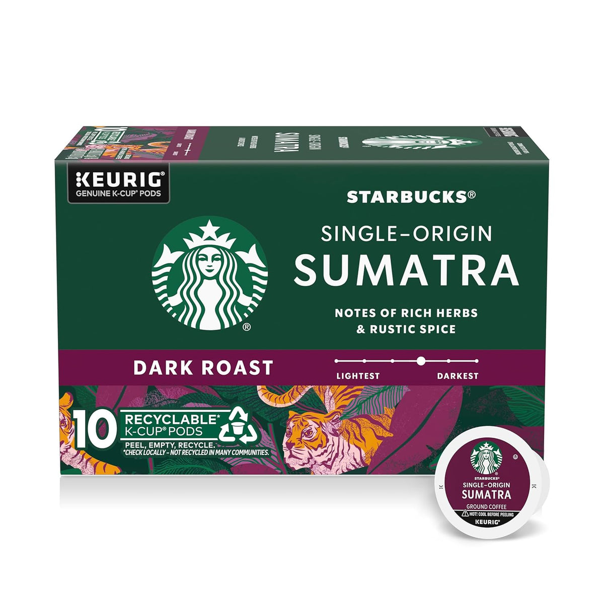 Starbucks K-Cup coffee pods in dark roast Sumatra flavor for Keurig brewers, 6 boxes with 60 100% Arabica coffee pods.