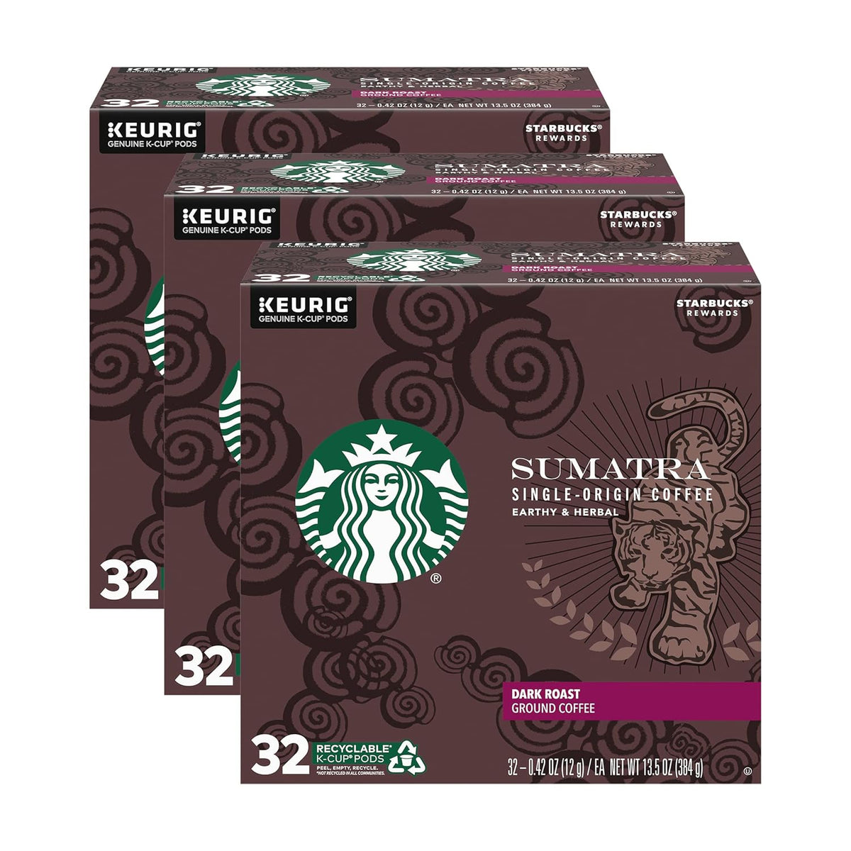 Starbucks K-Cup coffee pods, dark roast Sumatra flavor, 100% Arabica, for Keurig brewers, 6 boxes with 60 pods total.