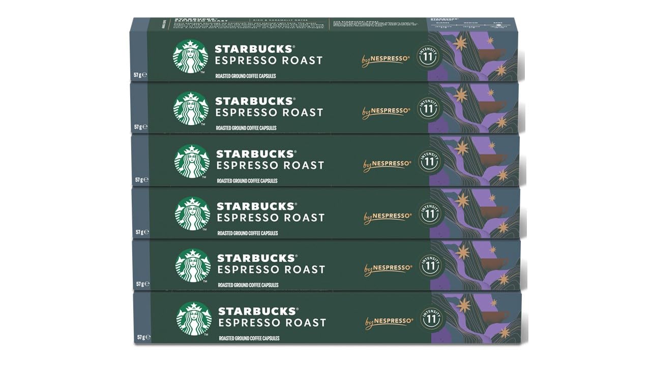 Pack of 50 Starbucks by Nespresso Original Line espresso pods in an intense variety pack, 18-count box of coffee capsules.