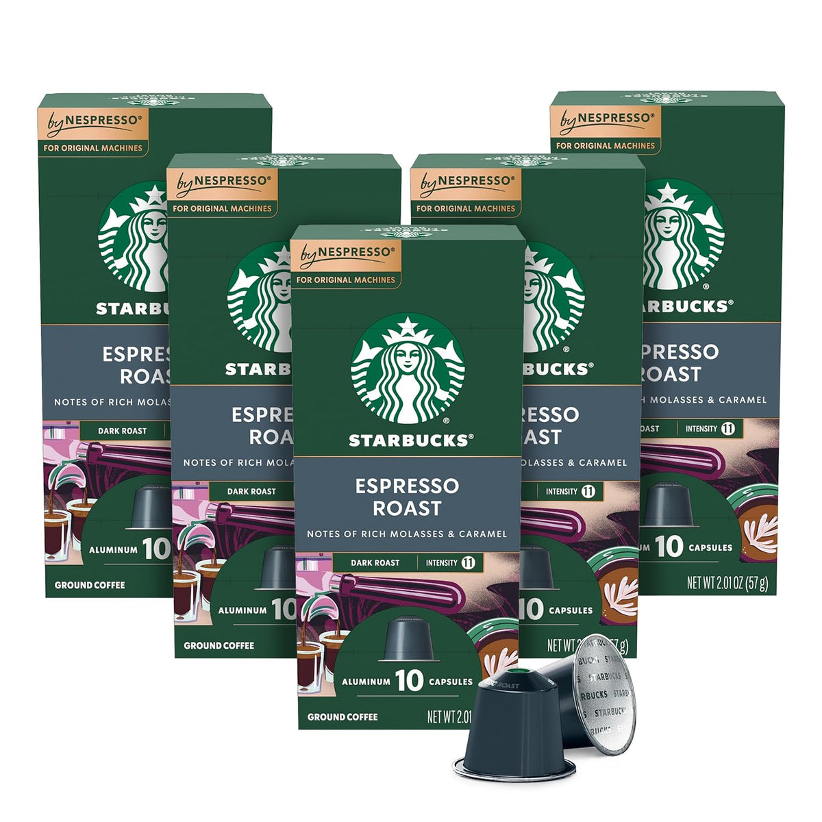 Pack of 50 Starbucks Nespresso Original Line intense espresso pods in a 50-count variety pack, shown with the pods in packaging.