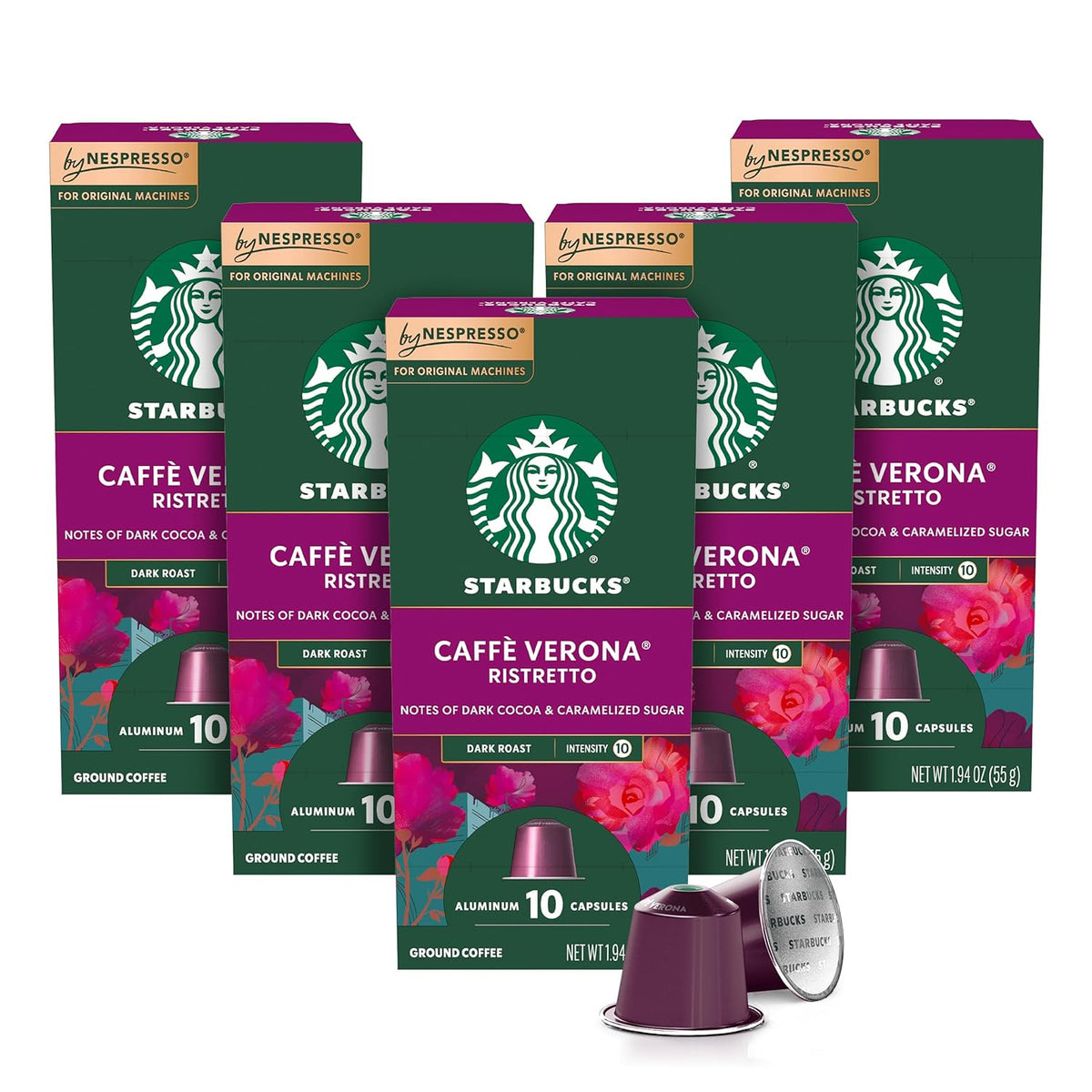 Set of 50 Starbucks by Nespresso Original Line Intense espresso pods in a 50-count variety pack, shown in the product image.