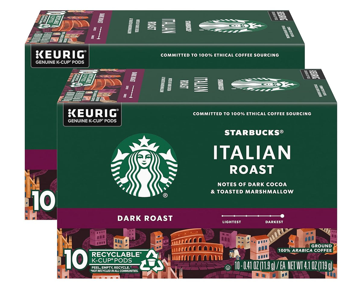 BackupMyFilesNow® Starbucks Italian Roast Coffee K-Cup Pods, dark roast, 100% Arabica, Keurig compatible, 2 boxes of 10 K-Cups each.