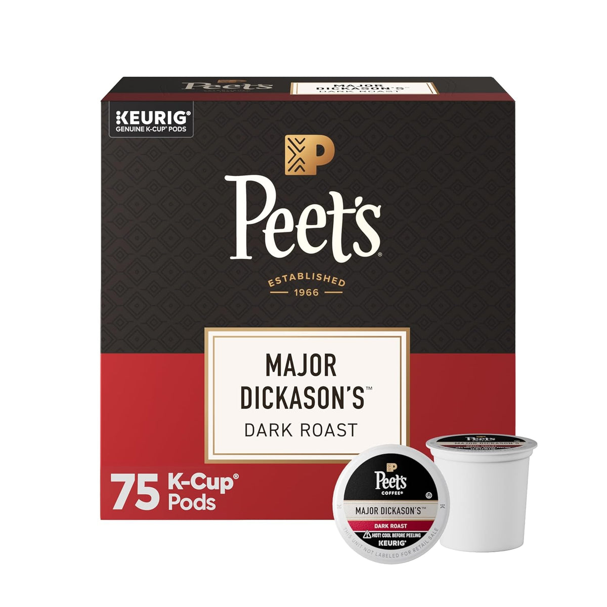 Box of four Peet's Coffee Dark Roast Keurig K-Cup pods featuring Major Dickason's Blend, 100% Arabica coffee for brewing.