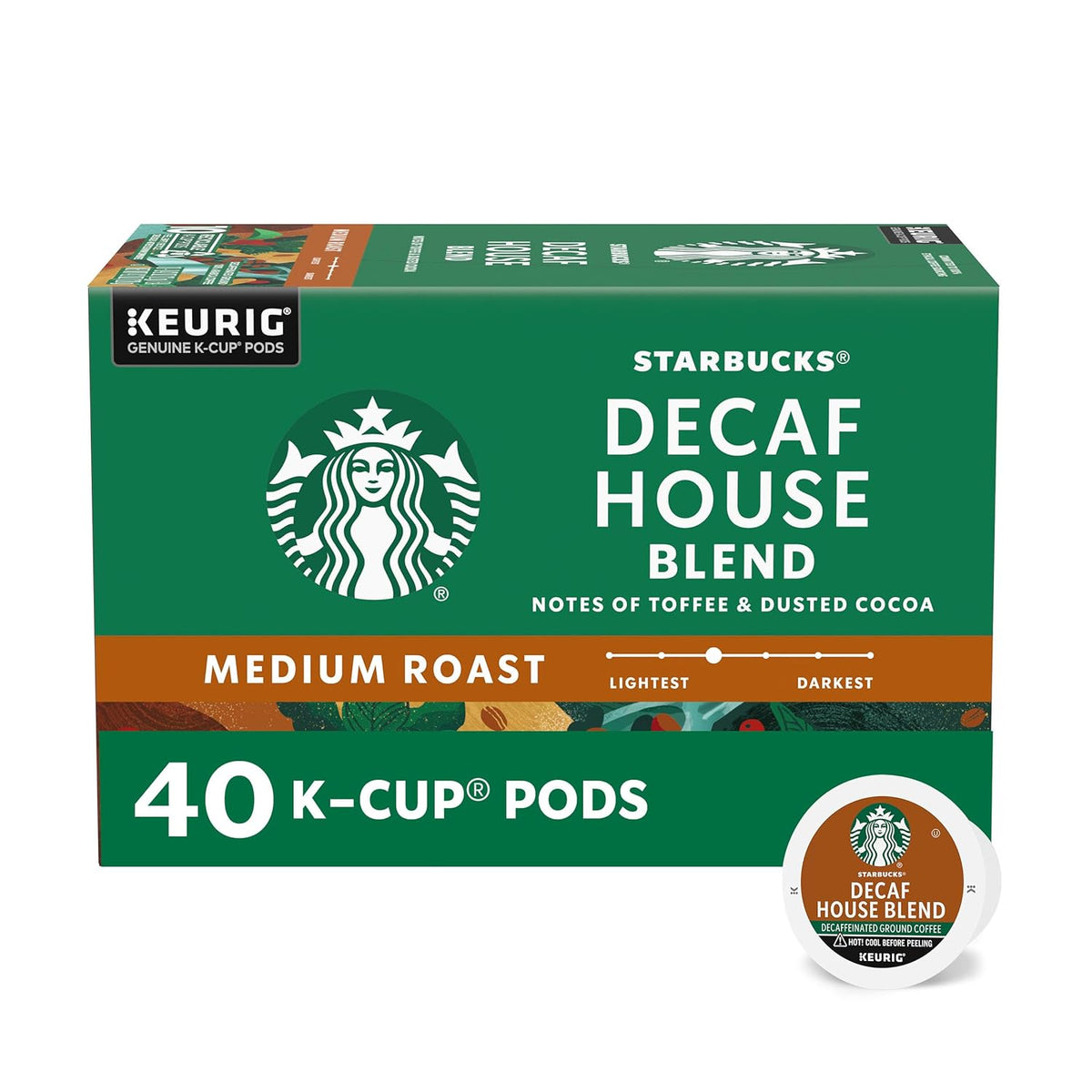 Pack of 72 Starbucks K-Cup coffee pods, medium roast decaf House Blend for hot or iced brewing, compatible with Keurig machines.