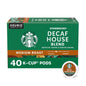 Pack of 72 Starbucks K-Cup coffee pods, medium roast decaf House Blend for hot or iced brewing, compatible with Keurig machines.