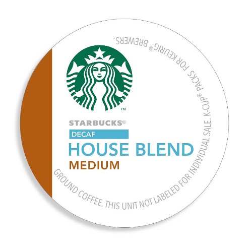 Pack of 72 Starbucks K-Cup coffee pods, medium roast decaf House Blend for hot or iced coffee, compatible with Keurig brewers.