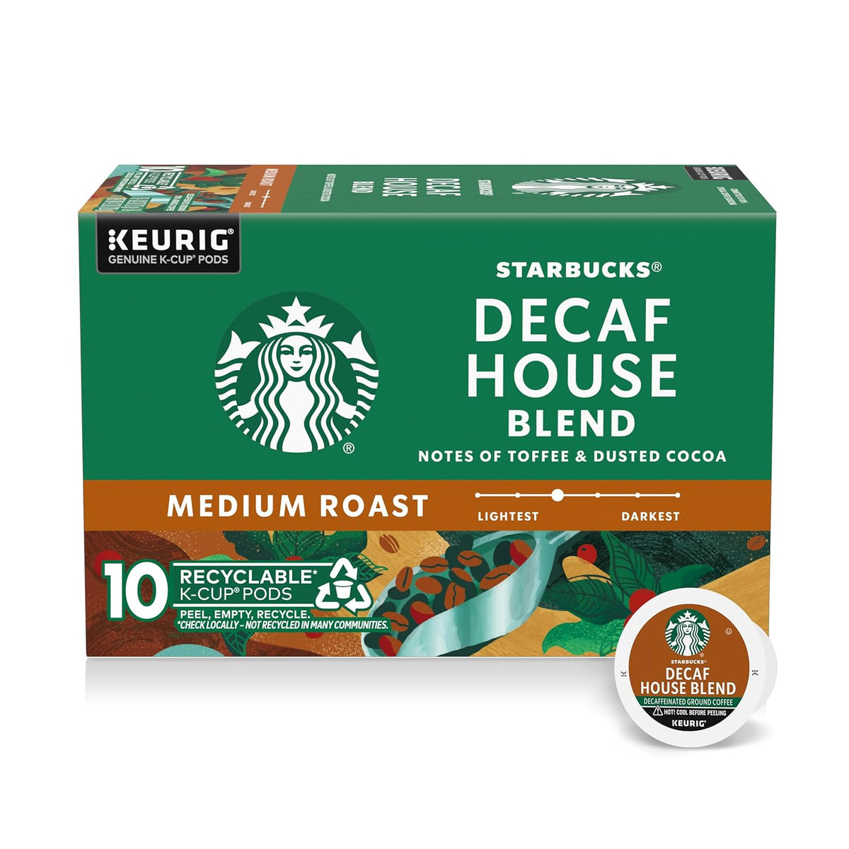 Starbucks Decaf House Blend K-Cup coffee pods for Keurig, medium roast, suitable for hot or iced coffee, packaged in a 72-count pack.