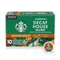 Starbucks Decaf House Blend K-Cup coffee pods for Keurig, medium roast, suitable for hot or iced coffee, packaged in a 72-count pack.
