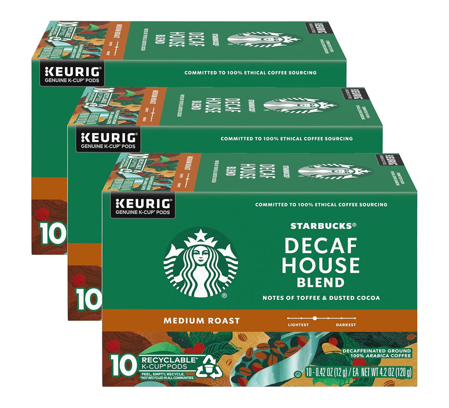 Pack of 72 Starbucks K-Cup coffee pods featuring medium roast decaf House Blend for hot or iced coffee, compatible with Keurig brewers.