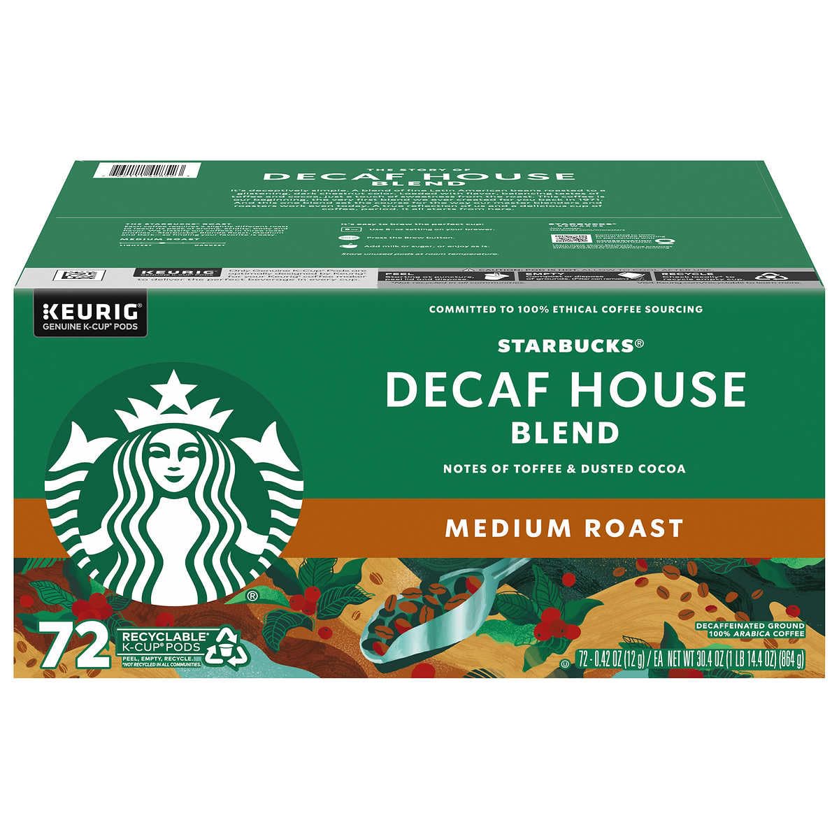 Starbucks Decaf House Blend K-Cup coffee pods for Keurig, medium roast, hot or iced, shown in a pack of 72 pods.