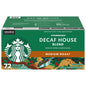 Starbucks Decaf House Blend K-Cup coffee pods for Keurig, medium roast, hot or iced, shown in a pack of 72 pods.