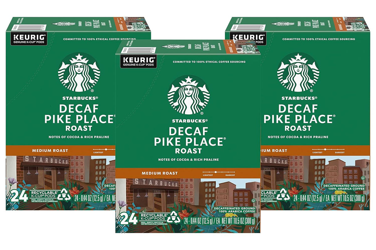 Pack of 72 Starbucks K-Cup coffee pods featuring medium roast decaf House Blend for hot or iced coffee, compatible with Keurig brewers.
