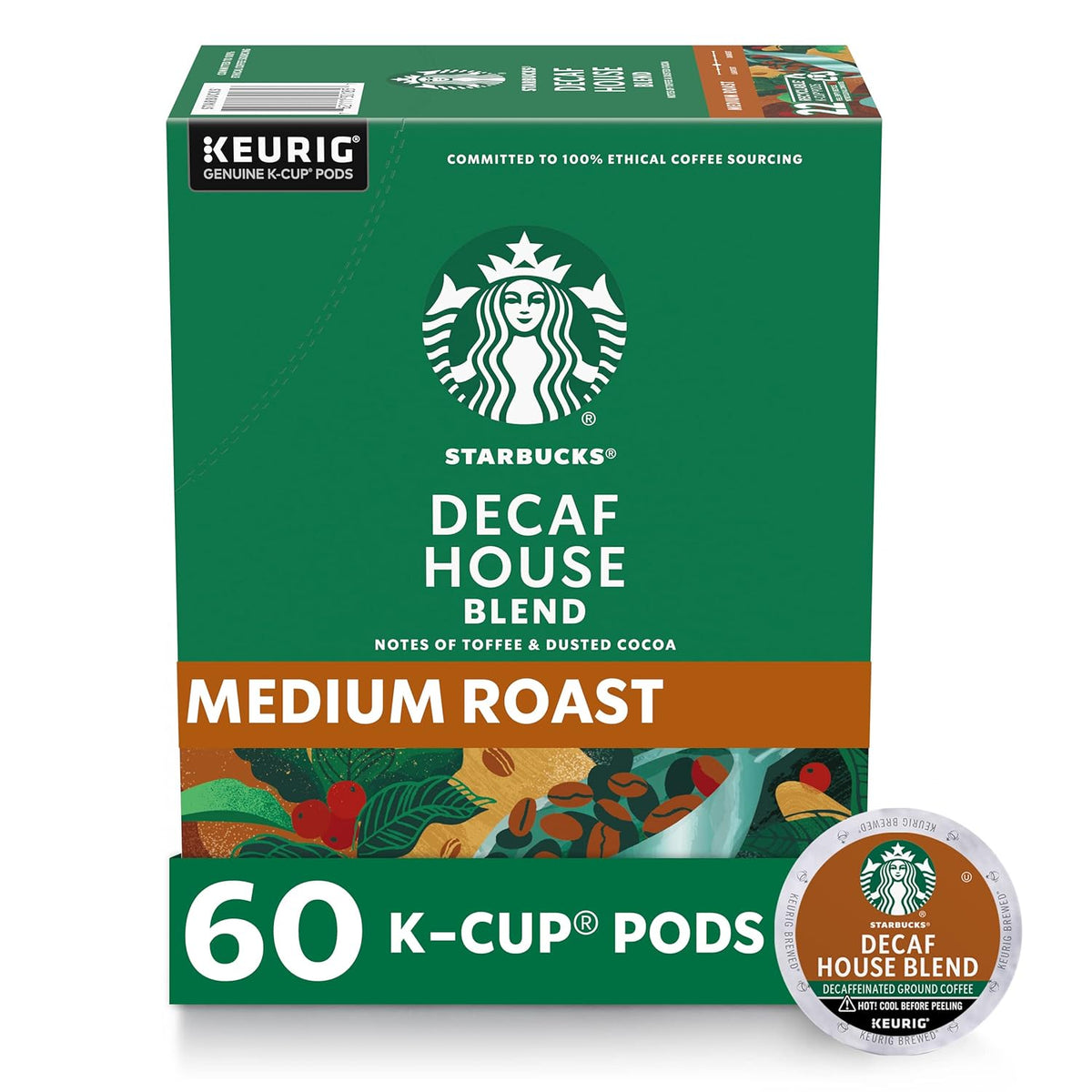 Pack of 72 Starbucks K-Cup coffee pods, medium roast decaf House Blend for hot or iced coffee, compatible with Keurig brewers.