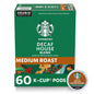 Pack of 72 Starbucks K-Cup coffee pods, medium roast decaf House Blend for hot or iced coffee, compatible with Keurig brewers.