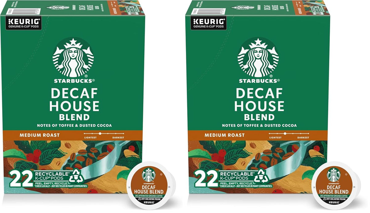 Starbucks K-Cup coffee pods, medium roast decaf House Blend, compatible with Keurig, 72-pack for hot or iced coffee.