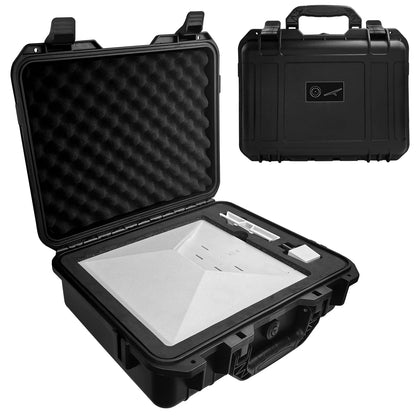 Black waterproof hard carrying case for Starlink satellite dish, durable travel storage box by BACKUPMYFILESNOW.COM®.