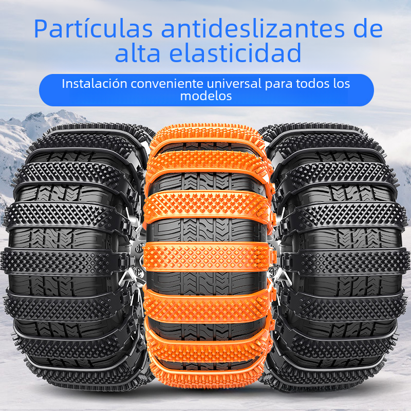 Thick black anti-skid tire chains from BackupMyFilesNow.com installed on vehicle tires for improved traction in snow and ice.