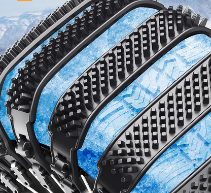 Thick black anti-skid tire chains for improved traction on snowy or icy roads, designed for vehicle tires.