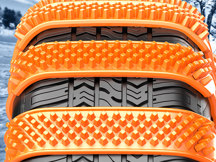 Thick black anti-skid tire chains for vehicle traction, designed to improve grip on icy or snowy roads.