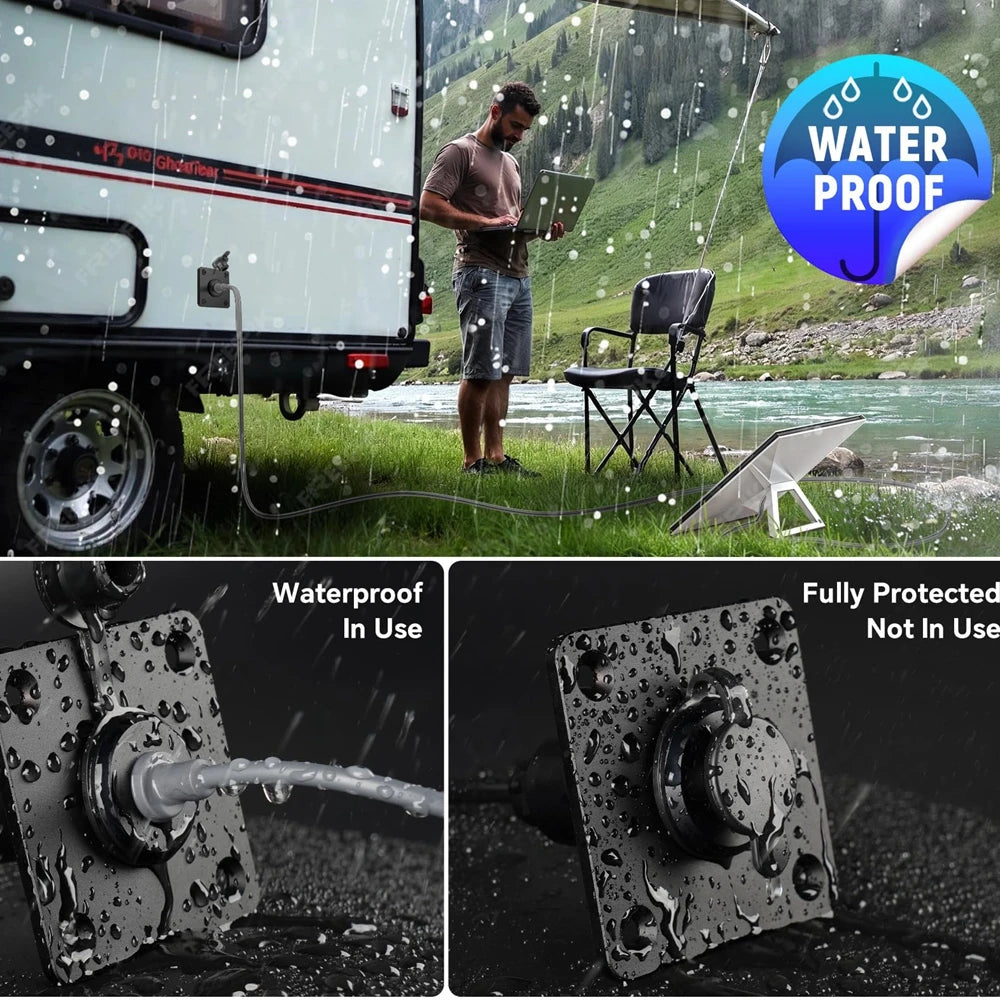 Power connect cable for Starlink Mini with waterproof plug, designed for RV pass-through wall socket and outdoor use.