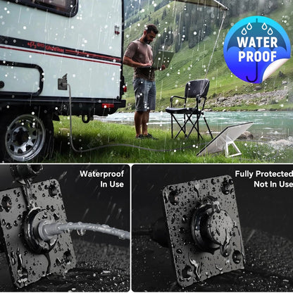 Power connect cable for Starlink Mini with waterproof plug, designed for RV pass-through wall socket and outdoor use.