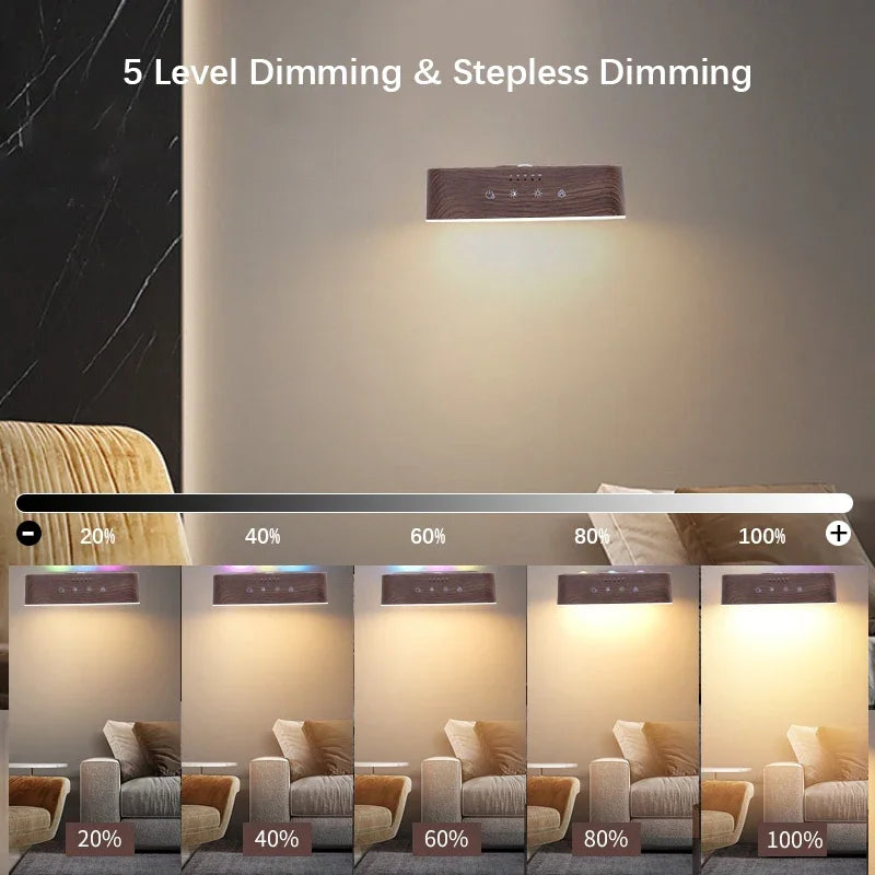 Smart LED light with adjustable angle, 3 color temperatures, stepless dimming, remote and touch control, USB-C rechargeable.