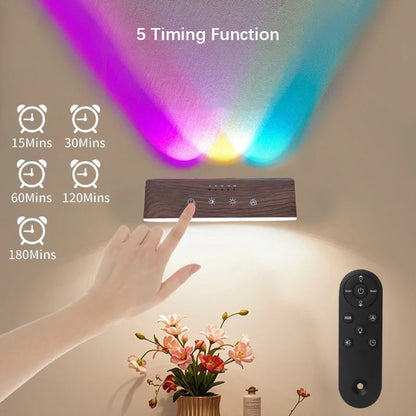Smart LED light with 3 color temperatures, stepless dimming, remote and touch control, USB-C rechargeable, adjustable angle.