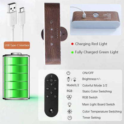 Smart LED light with 3 color temps, stepless dimming, remote and touch control, USB-C rechargeable, adjustable angle.