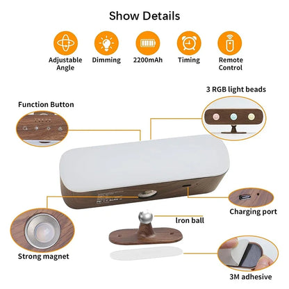 Smart LED light with 3 color temperatures, stepless dimming, remote and touch control, USB-C rechargeable, adjustable angle.