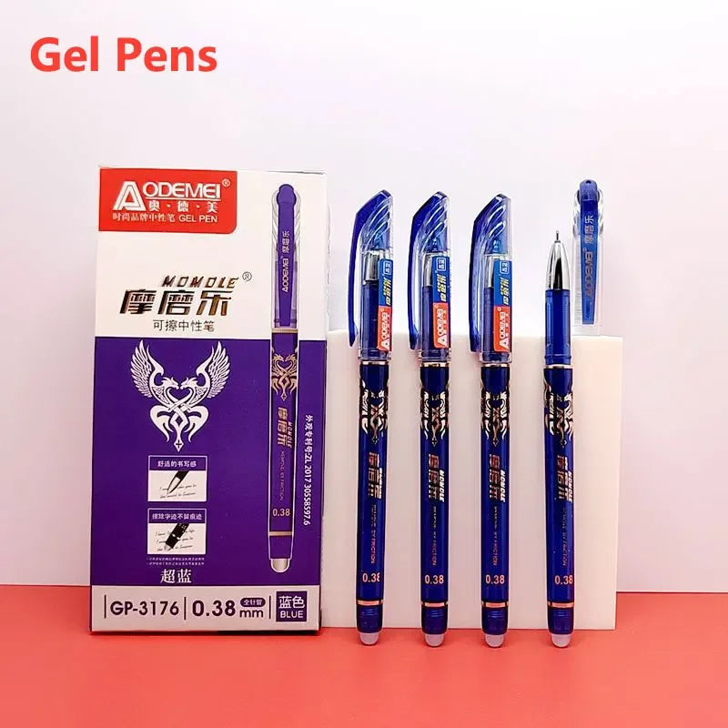 Blue office gel pen with 0.5mm needle tip, refill rods, and erasable ink for school and business writing.