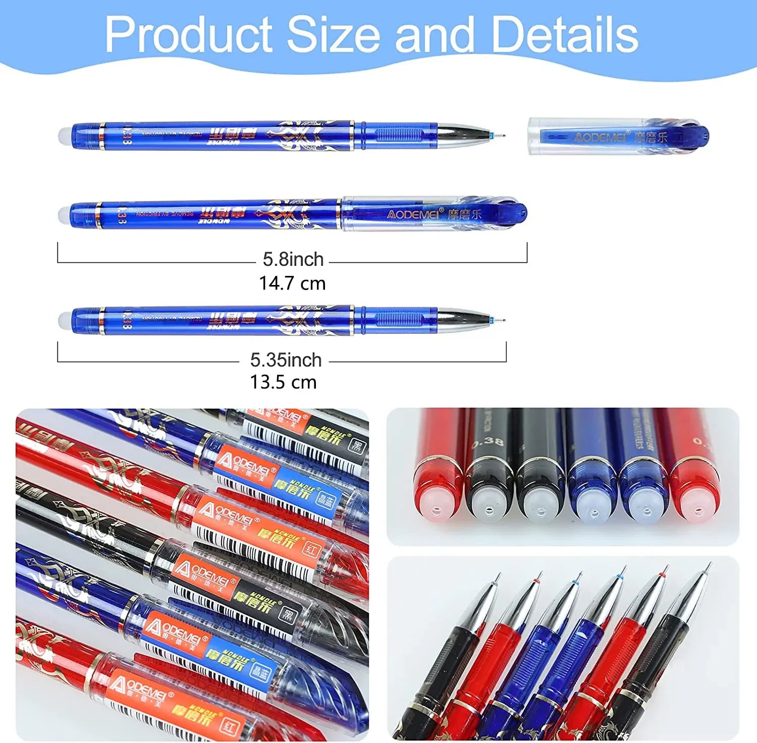 Blue office gel pen with 0.5mm needle tip and refills, ideal for school and business writing, erasable gel ink.