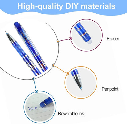 Blue office gel pen set with five refills, 0.5mm needle tip, erasable gel ink, suitable for school and business supplies.