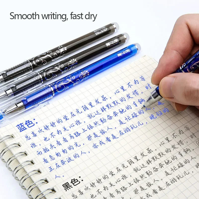 Blue office gel pen with 0.5mm needle tip and refills, ideal for school and business writing, featuring erasable gel ink.