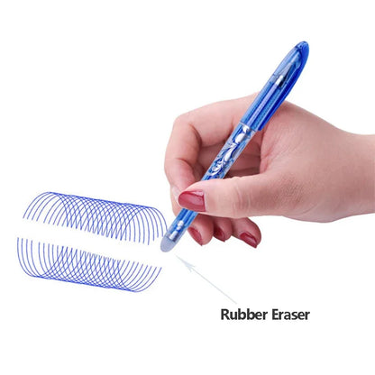 Blue office gel pen with 0.5mm needle tip, erasable ink, and five refill rods for school and business writing.