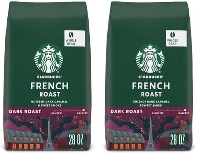Starbucks Whole Bean Dark Roast Espresso Coffee, 100% Arabica, 18 oz bag featuring Sumatra beans with rich, dark roast appearance.