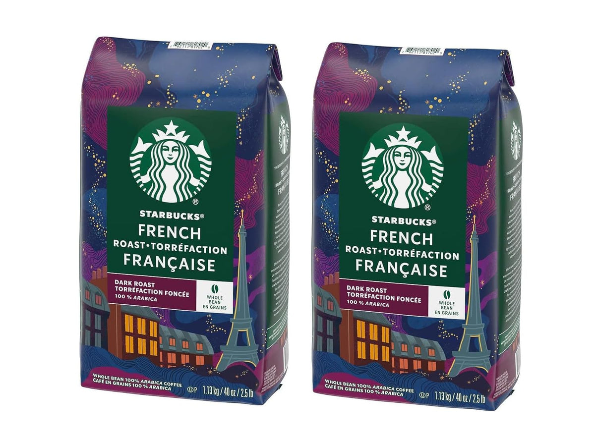 Starbucks Whole Bean Dark Roast Espresso Coffee, 100% Arabica, 18 oz bag showing the coffee beans and packaging.