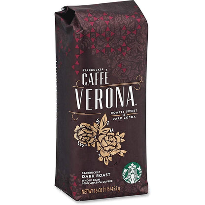 Starbucks Whole Bean Coffee Dark Roast Espresso Roast 100% Arabica in 18 oz bag, showing coffee beans and packaging.
