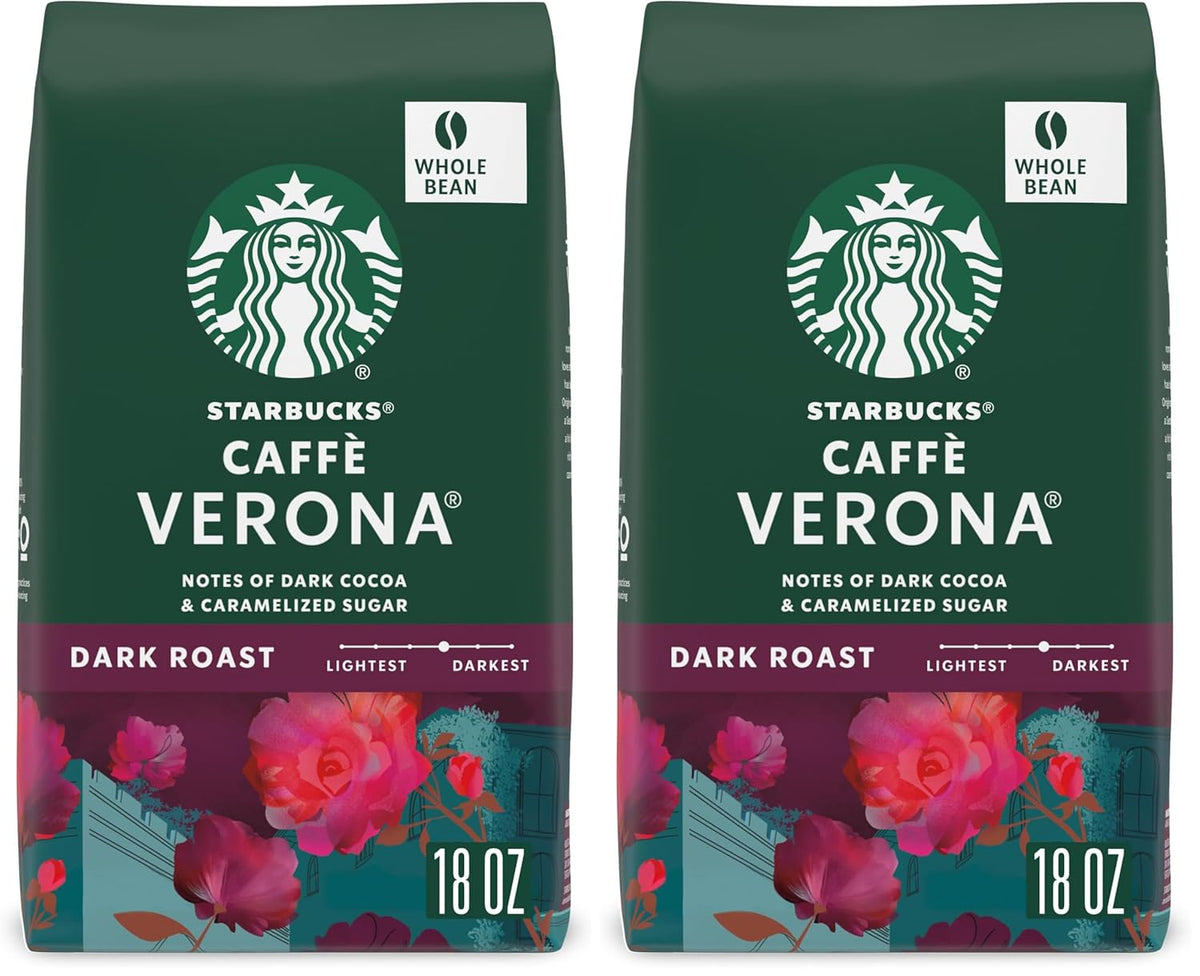Starbucks Whole Bean Dark Roast Coffee, Espresso Roast, 100% Arabica, 18 oz bag of Sumatra coffee beans.