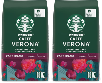Starbucks Whole Bean Dark Roast Coffee, Espresso Roast, 100% Arabica, 18 oz bag of Sumatra coffee beans.