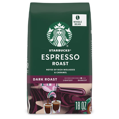 Starbucks whole bean dark roast espresso coffee, 100% Arabica, in a 18 oz bag with rich, dark roasted appearance