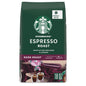 Starbucks whole bean dark roast espresso coffee, 100% Arabica, in a 18 oz bag with rich, dark roasted appearance