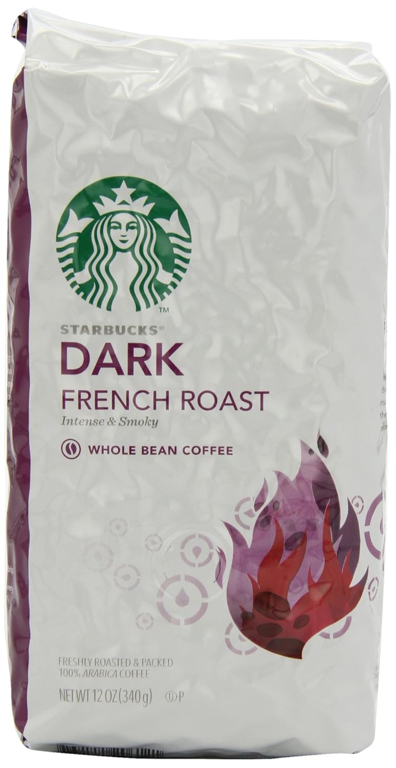 Starbucks Whole Bean Coffee Dark Roast Espresso Roast 100% Arabica 18 oz bag with rich, dark coffee beans on packaging
