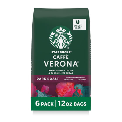 Starbucks Whole Bean Dark Roast Espresso Coffee, 100% Arabica, 18 oz bag showing the coffee beans and packaging.