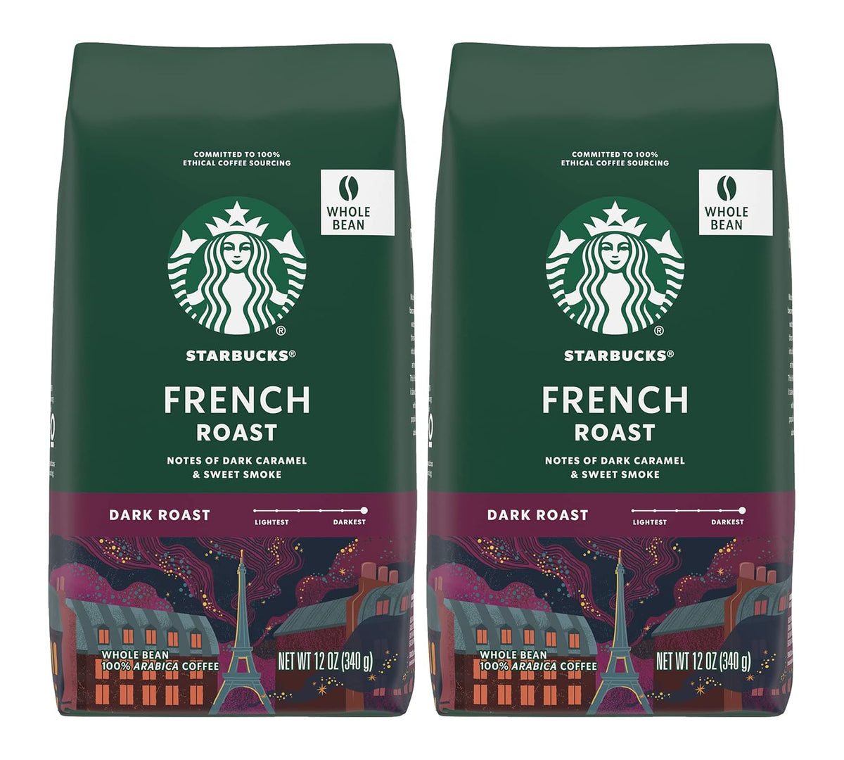 Starbucks Whole Bean Dark Roast Coffee, Espresso Roast, 100% Arabica, 18 oz bag with coffee beans and packaging visible