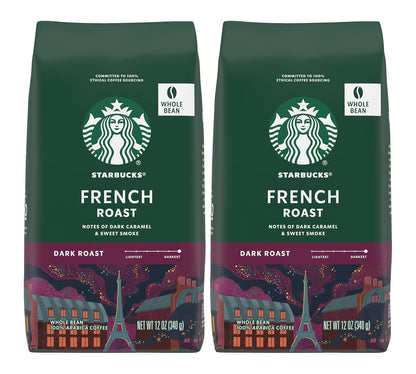 Starbucks Whole Bean Dark Roast Coffee, Espresso Roast, 100% Arabica, 18 oz bag with coffee beans and packaging visible