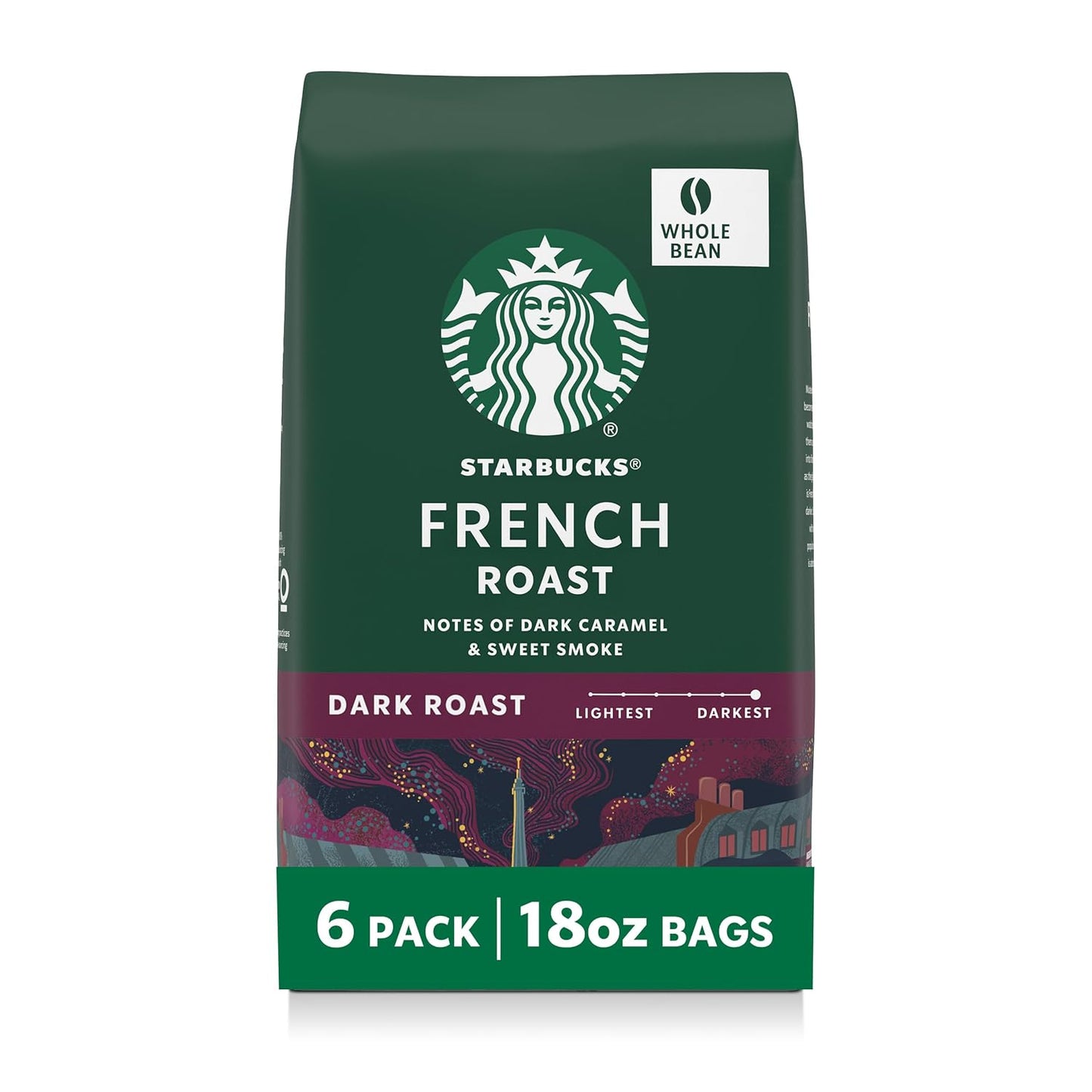 Starbucks Whole Bean Coffee dark roast espresso blend, 100% Arabica, 18 oz bag with coffee beans visible in the image.