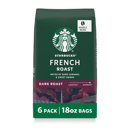 Starbucks Whole Bean Coffee dark roast espresso blend, 100% Arabica, 18 oz bag with coffee beans visible in the image.